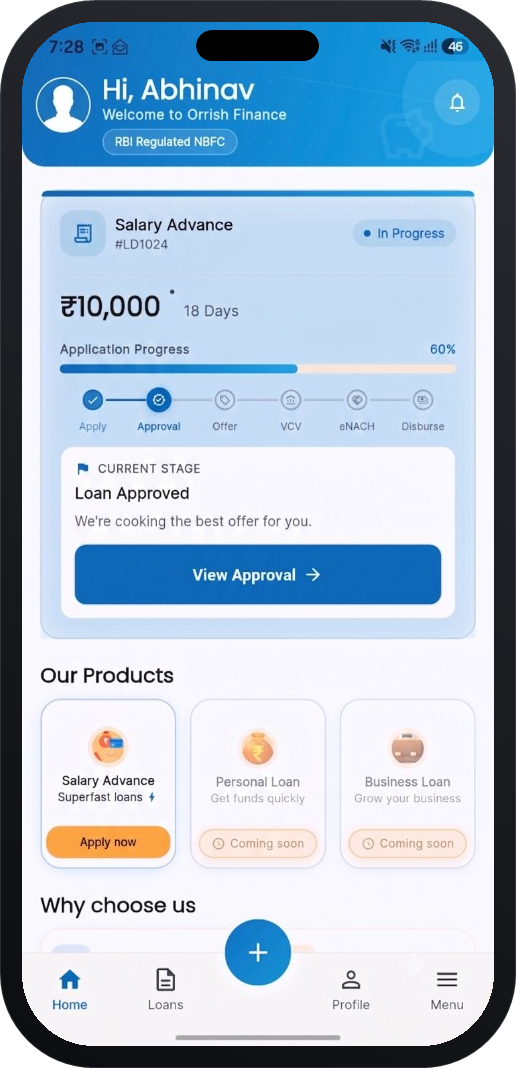 Orrish Loans app - home screen with application progress